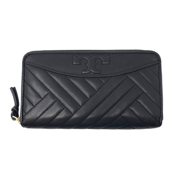 Tory Burch Alexa Zip Around Continental Leather Wallet Geometric Quilted Black - Picture 2 of 8